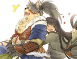 anthro blush duo female hair hug hugging_another hugging_from_behind long_hair male ponytail samurai warrior huh whalekimblee lifewonders tokyo_afterschool_summoners female_protagonist_(tas) protagonist_(tas) shino_(tas) canid canine canis domestic_dog human mammal hi_res