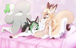 anthro ass_up bangs bed bent_over big_butt blonde_hair blush breasts butt canid canine curled_hair dandy_(eixy) deer duo ear_piercing eixy eyebrow_through_hair eyebrows eyes_closed eyeshadow feet female female/female fennec_fox fox fur furniture green_body green_eyes green_fur green_hair green_tongue hair hand_on_breast hand_on_calf hand_on_leg hand_on_thigh hi_res horn hybrid inner_ear_fluff leaning leaning_backward leg_markings licking_thigh long_hair long_nails long_tail looking_at_another makeup mammal markings multicolored_body multicolored_fur multicolored_hair nude nude_anthro on_bed open_mouth piercing pillow shaded shaded_background side_boob sitting sitting_on_bed snout socks_(marking) spots spotted_body spotted_fur spotted_markings star sushimi sushimifox tail thick_thighs toes tongue translucent translucent_hair true_fox tuft two_tone_body two_tone_fur two_tone_hair two_tone_tail wavy_hair wide_hips