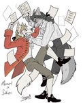 anthro baton clothed clothing composer conducting_baton countershading footwear group history legwear male musician paper rococo_clothing sheet_music shoes stockings tail text tatujapa antonio_salieri wolfgang_amadeus_mozart canid canine canis mammal wolf english_text hi_res