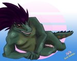 abdallah blush bodily_fluids erection genital_fluids genitals hair long_hair looking_at_viewer makeup male nude penis precum smile solo teeth vandclash bento_(vandclash) crocodile crocodilian reptile scalie hi_res