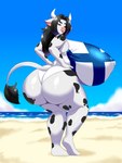 anthro beach big_breasts big_butt biped black_hair breasts brenda_maddelein_(character) brown_eyes butt clothing feet female finnish_flag hair hands_on_hips highlights_(coloring) horn huge_breasts huge_butt humanoid_feet looking_at_viewer looking_back looking_back_at_viewer nipple_outline one-piece_swimsuit plantigrade pose purple_highlights sea seaside solo swimwear tail tail_tuft tuft water white_horn speeds bovid bovine cattle mammal 2021 absurd_res hi_res