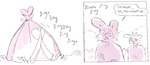 ambiguous_gender bodily_fluids dialogue eyebrows offscreen_character onomatopoeia raised_eyebrow ringing_bell simple_background sound_effects speech_bubble sweat tent text worried hoofpeet cult_of_the_lamb massive_monster_(studio) lamb_(cult_of_the_lamb) bovid lagomorph mammal 2024 digital_drawing_(artwork) digital_media_(artwork)