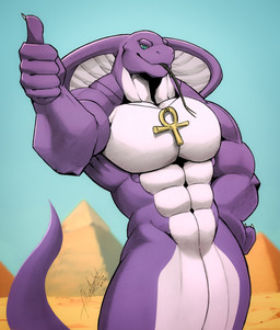 abs ankh anthro apode barazoku big_muscles forked_tongue front_view gesture green_eyes hand_gesture legless looking_at_viewer male multicolored_body muscular muscular_male pecs pose purple_body serpentine simple_background solo thumbs_up tongue two_tone_body aliensymbol kardukk yahnastiss draconcopode naga reptile scalie snake hi_res shaded