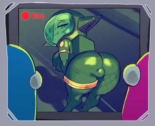 armor bent_over big_breasts blue_border border breasts butt eyebrow_piercing eyebrows facial_piercing female female_humanoid group headgear helmet looking_at_viewer looking_back looking_back_at_viewer narrowed_eyes not_furry piercing presenting presenting_hindquarters recording red_text screen shortstack smile snaggle_tooth spacesuit text trio gattles among_us innersloth crewmate_(among_us) leora_(kibix1) goblin humanoid 2021 digital_media_(artwork) hi_res