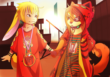 alternative_fashion ambiguous_gender anthro blonde_hair clothing collar duo eye_patch eyewear hair leash outside pacifier tail rudragon hybrid lagomorph leporid mammal rabbit unknown_species absurd_res hi_res