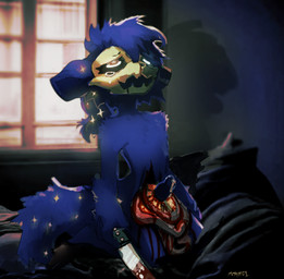 anthro bed bed_sheet bedding bedroom blue_body blue_ears blue_fur blue_hair blue_penis blue_tail bodily_fluids bone bone_mask cum cutlery detailed_background erection fur furniture genital_fluids genitals gore gore_focus guts gutspill hair holding_knife holding_object intestinal_penetration intestines kitchen_knife kitchen_utensils kneeling knife light looking_up male male_anthro mask nude_anthro nude_male open_mouth organs pain penis self-harm shadow skull skull_mask solo sparkles tail tears_of_pain text tools white_eyes window boxwater canid canine mammal 2025 artist_name digital_media_(artwork) digital_painting_(artwork) hi_res lighting painting_(artwork)