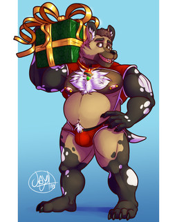 anthro belly black_coded black_nose body_hair bulge chain chest_hair clothed clothing costume fur gift gold_(metal) gold_chain holidays jewelry looking_at_viewer male multicolored_body multicolored_fur muscular muscular_anthro muscular_male necklace nipple_piercing nipples open_mouth partially_clothed pecs piercing pubes ribbons santa_costume solo theokamijay christmas darius_davis african_wild_dog canid canine mammal absurd_res digital_media_(artwork) hi_res