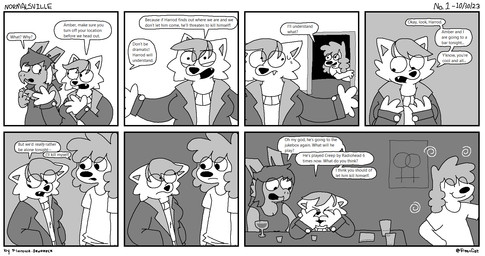 3_fingers 7_panel_comic annoyed anthro bar barely_visible_cleavage breasts canon_couple cleavage closed_smile clothed clothed_anthro clothed_female clothed_male clothing curly_hair date_night dialogue eye_through_hair eyelashes eyes_closed female female/female female/female_symbol female_anthro female_symbol fingers fur gender_symbol grid_layout group hair humor male male_anthro mouth_closed open_mouth pointy_ears poster_(object) scales sexuality_symbol smile snaggle_tooth speech_bubble suicidal symbol text translucent translucent_hair trio dexoxeck freoncat mythology normalsville amber_(normalsville) harrod_(normalsville) zoey_(normalsville) canid canine canis domestic_dog dragon fox mammal mythological_creature mythological_scalie poodle scalie 2025 comic digital_media_(artwork) english_description english_text greyscale hi_res monochrome multiple_scenes redraw trans_(lore) trans_woman_(lore)