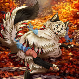 black_ears black_nose black_tail blue_eyes butt_tuft cheek_tuft disembodied_hand erection facial_tuft feral fur genitals group knot looking_at_viewer male male_feral markings neck_tuft open_mouth outside pawpads penis penis_grab pink_pawpads pink_penis pink_tongue red_markings red_tail rock striped_markings striped_tail stripes tail tail_markings tongue tuft white_body white_fur white_tail msdeadsoul canid canine mammal 1:1 hi_res