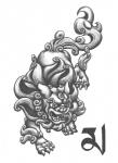 fur open_mouth simple_background tattoo text tongue white_background e1ectronicchimera asian_mythology east_asian_mythology mythology felid feline foo_dog lion mammal pantherine digital_media_(artwork) greyscale hi_res monochrome tibetan_text translation_request