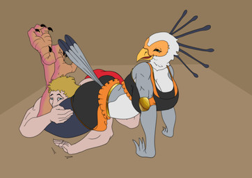 4_toes anisodactyl anthro athletic athletic_female athletic_male avian_feet big_breasts big_butt breasts butt chokehold dominant dominant_anthro dominant_female elbow_pads feathers feet female female_anthro female_on_human grey_body grey_feathers headlock human_on_anthro interspecies leg_wrap male male/female male_human mixed_wrestling smile smirk smug stinkface submissive submissive_human submissive_male tail tail_feathers talons tapping tapping_out toes tokyo_joshi_pro_wrestling wrestling wrestling_outfit norsuiso accipitriform avian bird human mammal secretary_bird absurd_res hi_res