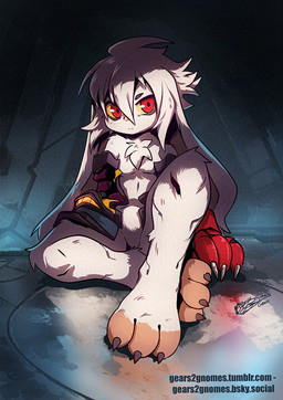 3_toes ambiguous_anthro ambiguous_gender anthro barefoot bottomless bottomless_ambiguous bottomless_anthro brown_body brown_fur chest_tuft claws clothed clothing cyberpunk featureless_crotch feet floppy_ears fur grey_body grey_fur grey_hair hair multicolored_body multicolored_fur partially_clothed_ambiguous partially_clothed_anthro prosthetic prosthetic_arm prosthetic_limb pupils red_eyes science_fiction shoulderless_topwear sitting solo text toes topwear topwear_only tuft two_tone_body two_tone_fur yellow_sclera gears2gnomes clover_(polygoncherub) lagomorph leporid mammal rabbit 2026 artist_name digital_drawing_(artwork) digital_media_(artwork) hi_res url