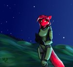 anthro armor female fur gun hair holding_object holding_weapon night ranged_weapon red_body red_fur red_hair weapon matz_the_kames sophie_(matz_the_kames) canid canine canis mammal wolf hi_res watermark