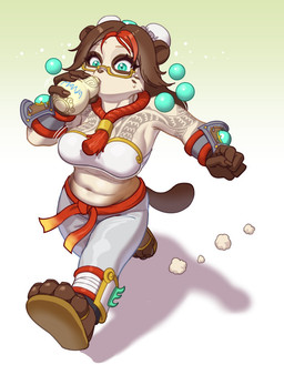 4_fingers accessory anklet anthro armlet beads belt bottle bottomwear breasts brown_body brown_fur brown_hair brown_nose clothing container countershade_face countershading drinking dust_cloud eyewear female fingers footwear fur glasses gradient_background hair hair_accessory hair_bun highlights_(coloring) holding_bottle holding_container holding_object jewelry long_hair looking_forward magic_orb medium_breasts midriff nails navel necklace pants potion_bottle red_belt rope_necklace sandals shoes simple_background slightly_chubby solo tail tattoo teal_eyes walking white_bottomwear white_clothing white_pants lyoung0j blizzard_entertainment warcraft bear mammal pandaren 2025 colored digital_drawing_(artwork) digital_media_(artwork)