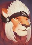 accessory brown_eyes headband male mane red_mane solo white_mane ewenkarma akhera felid lion mammal pantherine bust_portrait headshot_portrait hi_res portrait