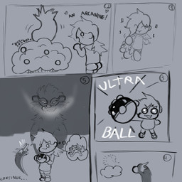 bodily_fluids chibi dialogue female feral group humming humor male ominous pokeball saliva saliva_on_tongue scared text trio ultra_ball walking bell_zabella nintendo pokemon freya_(bell_zabella) mio_(bell_zabella) arcanine canid canine canis domestic_dog dratini generation_1_pokemon human mammal pokemon_(species) reptile scalie snake 1:1 comic english_text hi_res sketch