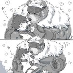 anthro belly duo feeding feeding_each_other male male/male musclegut muscular pecs romantic romantic_couple text suzuapi2 lifewonders tokyo_afterschool_summoners kimun_kamui_(tas) protagonist_(tas) twink_protagonist_(tas) bear human mammal 1:1 japanese_text