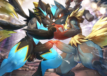 angry anthro balls big_penis black_body black_fur blue_body blue_eyes blue_fur bodily_fluids cum cum_string duo erection eye_contact fight frottage fur genital_fluids genitals glans humanoid_genitalia humanoid_penis looking_at_another male male/male penile penis penises_touching sex sharp_teeth side_view teeth thick_thighs kuroisumi nintendo pokemon canid felid generation_6_pokemon mammal mega_evolution mega_lucario mega_zeraora pokemon_(species)