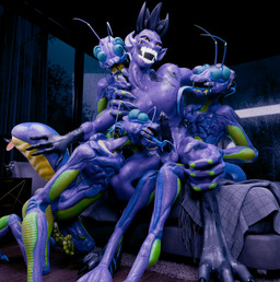 antennae_(anatomy) bed bedroom_sex black_hair blue_eyes bodily_fluids furniture hair hotel licking male night purple_body sweat sweatdrop tongue xenomaker_(artist) chocoscorner_(modeler) xenomaker_(modeler) ex-oh_(xenomaker) razar_(ilovdota2) alien alien_humanoid animal_humanoid arthropod arthropod_humanoid demon humanoid imp insect insect_humanoid blender_(artwork) digital_media_(artwork) hi_res