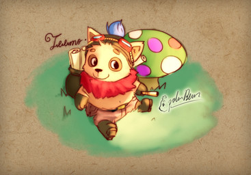 anthro biped clothing eyewear fungus goggles kemono male mushroom scroll sitting solo text stevenlew league_of_legends riot_games tencent teemo_(lol) canid canine mammal raccoon_dog tanuki yordle english_text