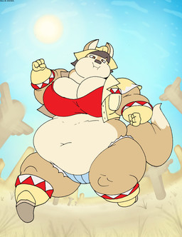 anthro belly big_belly big_breasts black_hair boots bottomwear breasts brown_eyes chubby_cheeks clothing crop_top deep_navel fat_arms female footwear fur gloves hair handwear hat headgear headwear heat_(temperature) huge_breasts jacket light multicolored_body multicolored_fur navel obese obese_anthro obese_female overweight overweight_anthro overweight_female shirt shoes shorts solo sun sunlight tan_body tan_fur thick_thighs topwear two_tone_body two_tone_fur weight_gain wild_west virus-20 june_coyote canid canine canis coyote mammal 2024 digital_media_(artwork) hi_res