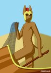 anthro armor balls barely_visible_genitalia biped brown_body brown_fur chariot_(vehicle) desert fur genitals headgear helmet holding_net male melee_weapon navel net nude polearm retiarius simple_background solo spear throw_net weapon orbitalis canid canine canis jackal mammal absurd_res hi_res