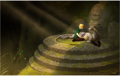 blood bodily_fluids border clothed clothing duo feral male outside temple white_border wounded arucarrd human mammal unknown_species absurd_res hi_res