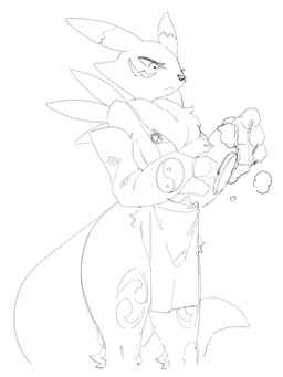 3_fingers anthro apron apron_only arm_tuft armwear athletic black_claws black_nose breasts bridal_gauntlets claws clothing dish double_tomoe eyeliner facial_markings female fingers foam fur fur_markings head_markings long_ears long_tail looking_at_object looking_down makeup markings mostly_nude neck_tuft shoulder_tuft simple_background solo sponge standing tail thick_thighs tomoe_(symbol) tuft washing_dishes white_background wide_hips yin_yang kame_3 bandai_namco digimon canid digimon_(species) mammal renamon digital_drawing_(artwork) digital_media_(artwork) hi_res monochrome sketch