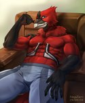 anthro athletic athletic_anthro athletic_male clothed clothing looking_at_viewer male muscular muscular_male partially_clothed sitting solo topless pize avian bird 5:6