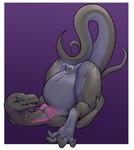 anthro ass_up belly black_body black_scales blue_eyes bodily_fluids border eyelashes feet female flat_chested flexible genital_fluids genitals gradient_background half-closed_eyes looking_at_viewer lying masturbation narrowed_eyes on_back open_mouth paws pregnant pregnant_anthro pregnant_female pupils purple_background purple_body purple_scales pussy scales simple_background slit_pupils solo tail tail_fetish tail_grinding tail_masturbation tail_play thick_thighs vaginal_fluids white_border wide_hips bastiel nintendo pokemon generation_7_pokemon pokemon_(species) salazzle 2022 absurd_res hi_res