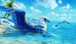 aquatic_dragon beach cloud dragon duo feral fish hi_res jumping kruvis marine mythological_creature mythological_scalie mythology outside palm_tree partially_submerged plant scalie sitting smile tree water wings