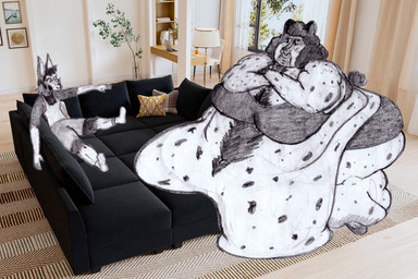 annoyed baseboard belly belly_on_ground belly_overhang big_butt black_sofa breasts butt crossed_arms extreme_size_difference female female/female floor_lamp furniture inside lamp morbidly_obese morbidly_obese_female navel obese obese_female on_sofa overweight overweight_female picture_frame relaxing sitting sitting_on_sofa size_difference slim slim_female sofa wall_(structure) white_wall window hgleoz sofa_bed_meme eileen_(leoz) suzanne_(leoz) african_wild_dog canid canine mammal absurd_res draw_over english_description hi_res trans_(lore) trans_woman_(lore)