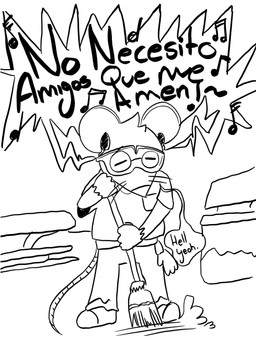 anthro bottomwear clothing dialogue electronics eyes_closed eyewear goggles headphones pants safety_goggles shirt solo standing sweeping text topwear kanpukugu mammal mouse murid murine rodent 2025 3:4 english_text hi_res monochrome spanish_text