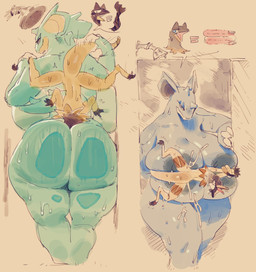 against_surface anthro ass_on_glass big_breasts big_butt blue_body blue_skin breasts butt duo face_in_ass female glass horn huge_breasts huge_butt male on_glass shower standing turquoise_body wet yellow_body yellow_skin honhearthy nintendo pokemon generation_1_pokemon generation_6_pokemon heliolisk nidoqueen pokemon_(species) hi_res
