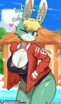 anthro big_breasts blonde_hair blush breasts clothing crossgender dialogue female fur green_body green_fur hair hand_in_pocket jacket mtf_crossgender one_eye_closed pockets red_clothing red_jacket red_topwear smile solo text topwear wide_hipped_anthro wide_hipped_female wide_hips wink burgerkiss conditional_dnp animal_crossing nintendo sasha_(animal_crossing) lagomorph leporid mammal rabbit 2023 digital_media_(artwork) english_text hi_res