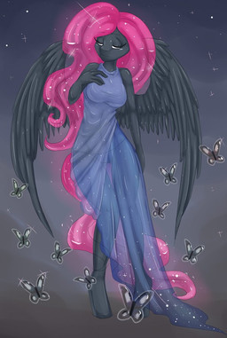 alternate_color anthro anthrofied biped black_body black_feathers black_fur blue_bottomwear blue_clothing blue_topwear bottomwear clothing dress evening_gown eyelashes feathered_wings feathers female fur glistening grey_body grey_feathers grey_skin hair half-closed_eyes long_dress long_hair narrowed_eyes night no_pupils panties pink_hair sky solo sparkles standing star starry_sky topwear translucent translucent_bottomwear translucent_clothing translucent_hair translucent_topwear underwear white_eyes wings misukitty friendship_is_magic hasbro my_little_pony mythology fluttershy_(mlp) arthropod butterfly equid equine insect lepidopteran mammal mythological_creature mythological_equine pegasus 2013 source_request unavailable_at_source