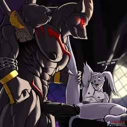 abs anal anthro big_penis duo full_moon genitals gothic_architecture male male/male moon muscular nipples penis size_difference slim text iudicium86 bandai_namco digimon belphemon belphemon_(rage_mode) digimon_(species) gazimon 1:1 hi_res