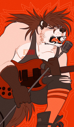 abstract_background anthro black_boots black_bottomwear black_clothing black_footwear black_pants black_topwear boots bottomwear brown_hair brown_nose clothed clothing electric_guitar electronics eyes_closed footwear fur guitar hair holding_guitar holding_musical_instrument holding_object male male_anthro microphone microphone_stand muscular muscular_anthro muscular_male musical_instrument open_mouth pants pink_body pink_fur plucked_string_instrument red_clothing red_footwear red_socks rocking_out shoes singing socks solo string_instrument text topwear white_body white_fur 0ct0m0n0 canid canine mammal artist_name hi_res orange_theme