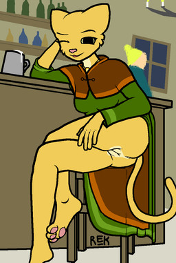 alcohol anthro anus bar beer beverage biped bottomless clothed clothing drunk exhibitionism feet female food fur genitals hindpaw looking_at_viewer paws plantigrade presenting sitting solo substance_intoxication tail toes vulva yellow_body yellow_fur rektum microsoft prequel_adventure the_elder_scrolls katia_managan felid khajiit mammal digital_media_(artwork) hi_res