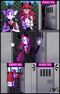 anthro aura blue_eyes bottomwear braided_hair breasts butt camera clothed clothing crossed_arms door eyewear female glasses group hair happy horn male necktie orange_eyes pants performance pink_hair plant prison purple_eyes purple_hair red_hair shirt sign suit topwear tree trio vest wall_(structure) white_body lakashb12 sara_(lakashb12) virgo_(lakashb12) zhar_(lakashb12) angel deity demon humanoid absurd_res comic hi_res