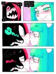anthro blood blood_on_lips blue_eyes blue_hair blue_nails bodily_fluids colored_nails duo emoticon female female/female hair kiss_on_lips kissing nails nosebleed red_eyes red_hair sweat teeth ponporio the_disappearance_of_girl_a girl_a girl_b felid mammal absurd_res comic hi_res
