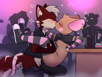 anthro blush bodily_fluids bottomless bottomless_female breasts butt clothed clothing crowd exhibitionism eyes_closed eyeshadow female footwear genitals group kiss_on_lips kissing makeup male nightclub penis piercing shoes silhouette milachu92 milachu canid canine fox mammal mouse murid murine rodent hi_res