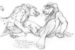 anthro balls blackteagan duo english_text erection felid genitals hyena imminent_sex lion male male/male mammal monochrome pantherine penis spotted_hyena text