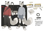 anthro biped bottomwear canid canine chinese_text clothed clothing dipstick_tail eyebrows footwear fox fur grey_body grey_fur hi_res inner_ear_fluff kemono male mammal markings milkytiger1145 model_sheet shirt shoes shorts solo tail tail_markings text topwear translation_request tuft yufeng_(milkytiger1145)