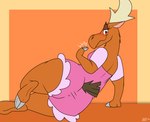 absurd_res anthro antlers becky_(johnny_bravo) big_butt blush brown_body brown_fur butt butt_focus cartoon_network clothed clothing deer digital_media_(artwork) feet female fingers fur hi_res hooved_fingers hooved_toes hooves horn johnny_bravo_(series) looking_at_viewer lying mammal moose new_world_deer on_side overweight pink_clothing ratify rear_view slightly_chubby smile solo tail text thick_thighs waiter waitress_uniform