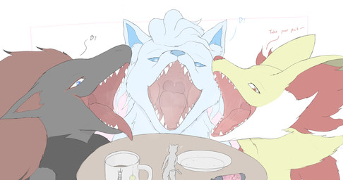 ambiguous_gender anthro arm_tuft black_body black_fur blue_body blue_eyes blue_fur blue_sclera bodily_fluids cheek_tuft coffee_mug eyebrows facial_tuft fur grey_body grey_fur group heart_symbol inner_ear_fluff micro micro_anthro mouth_shot narrowed_eyes open_mouth orange_eyes raised_eyebrows red_body red_fur red_inner_ear_fluff saliva saliva_string sharp_teeth shoulder_tuft simple_background size_difference tail take_your_pick talking_to_another tea_bag teasing_with_mouth teeth text tilde_after_text tongue tongue_out tuft uvula vore_invitation white_background white_body white_fur yellow_body yellow_fur harker_(artist) nintendo pokemon alolan_form alolan_ninetales delphox generation_5_pokemon generation_6_pokemon generation_7_pokemon pokemon_(species) regional_form_(pokemon) zoroark english_text hi_res pictographics