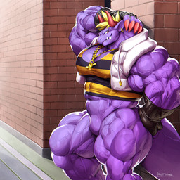 abs anthro biceps big_muscles blonde_hair bottomless chain chain_collar claws clothed clothing collar featureless_crotch finger_claws fingerless_gloves gloves hair handwear hoodie huge_muscles male muscular muscular_anthro muscular_male null null_bulge pecs piercing purple_body red_eyes shirt solo tail tank_top teeth topwear vein veiny_muscles kurogon chocobo_gp final_fantasy square_enix ben_the_behemoth_(chocobo) behemoth_(final_fantasy) monster 1:1 hi_res