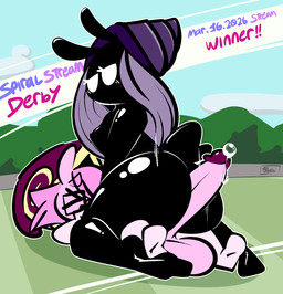 >_< anthro balls big_balls big_penis black_body black_skin bodily_fluids dominant dominant_female duo eyes_closed eyewear featureless_face feet female foreplay genital_fluids genitals glasses hair hot_dogging larger_female male male/female nude penis pink_body pink_hair pink_skin precum purple_hair sex shell_hat size_difference text voyeur white_eyes thefablednekos spiral_stream_derby jerry_capshell spiral_tapp gastropod mollusk snail hi_res