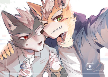 anthro arm_around_shoulders blue_clothing blue_topwear blush brown_body brown_fur camera_view clothed clothing countershading dessert duo eye_patch eyewear food fur green_eyes grey_body grey_fur holding_food holding_object ice_cream male male/male one_eye_closed red_eyes smile topwear wink chung0_0 nintendo star_fox fox_mccloud wolf_o'donnell canid canine canis fox mammal wolf