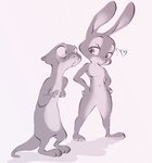 anthro blush bodily_fluids duo featureless_crotch female heart_symbol looking_at_another navel nude simple_background standing sweat sweatdrop 8-bitpunch disney zootopia judy_hopps mrs._otterton lagomorph leporid lontra mammal mustelid north_american_river_otter otter rabbit river_otter